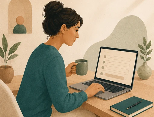 زنی با لپتاپ روی پای خود، در حال ثبت درخواست مشاوره
